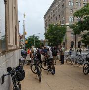 Baltimore Mayor Brandon Scott prepared for the last leg of his ride through the city from the Enoch Pratt Free Library to City Hall.